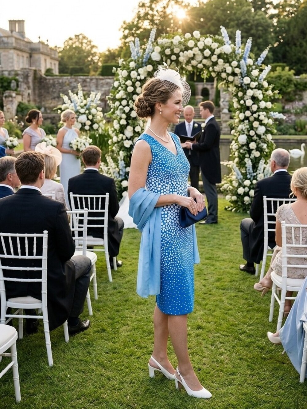 Sky Blue Embellished V-Neck Midi Dress with Matching Shawl